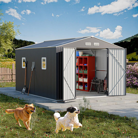 Restland 10x12 FT Metal Storage Shed Reinforced Frame Outdoor Shed with Clear Roof, Air Vent & Lockable Door Large Garden Tool Storage Sheds for Backyard, Garden, Lawn