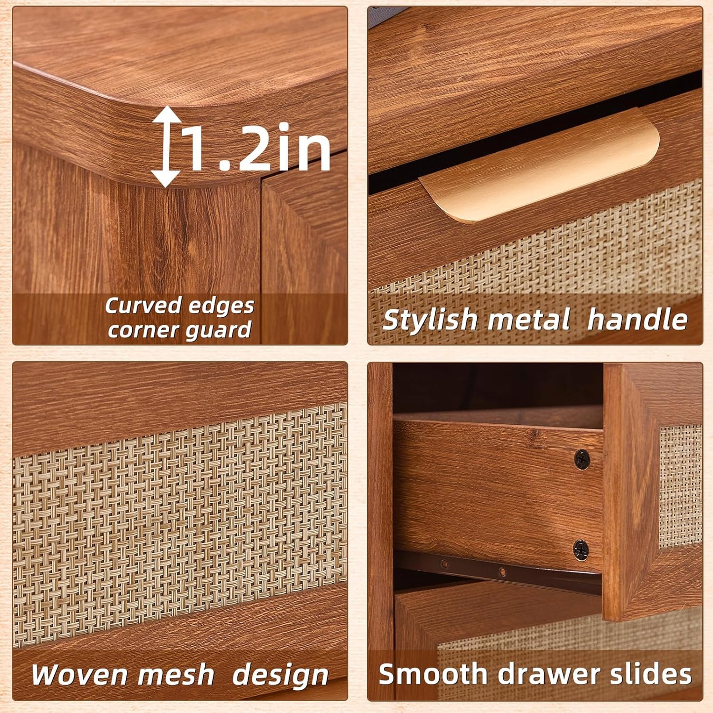 LEYAOYAO Rattan Night Stand with Charger Station, 23" Large 3 Drawer Boho Nightstand, Tea Brown Bedside Table Storage Cabinet, Bed Side End Tables for Bedroom, Living Room, Hallway