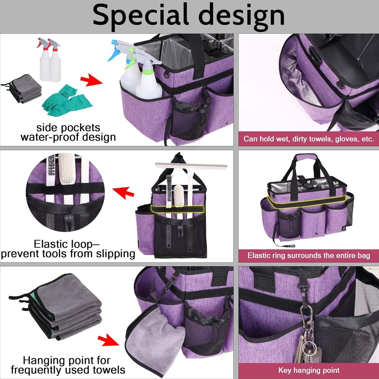 Large Cleaning Caddy Bag Built-in Sturdy Support Board, Cleaning Organizer with Detachable Divider, Cleaning Supply Tote with Adjustable Shoulder Strap&Waist Belt for Cleaners & Housekeeper