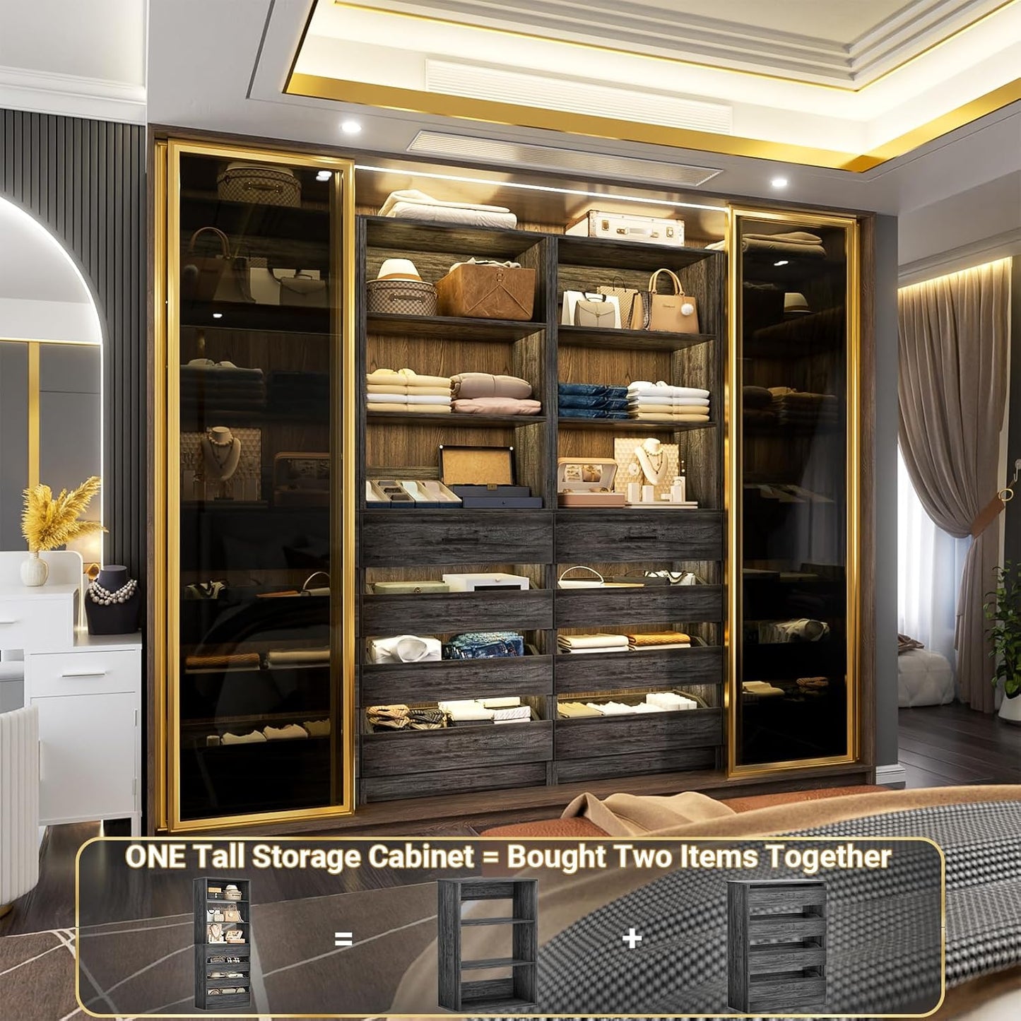 Aheaplus 21.3" Closet System with 4 Drawers, Wood Closet Organizer with Open Shelves, Modular Drawers System Tower, Walk-in Small Wardrobe Rack, Tall Storage Cabinet Unit, Black Oak
