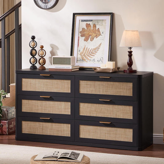 LEYAOYAO Rattan 6 Drawer Dresser for Bedroom, Boho 54" Wide Black Dresser Chest of Drawers, Dressers TV Stand with Metal Handle, Storage Dressers Closet Organizer for Living Room, Hallway