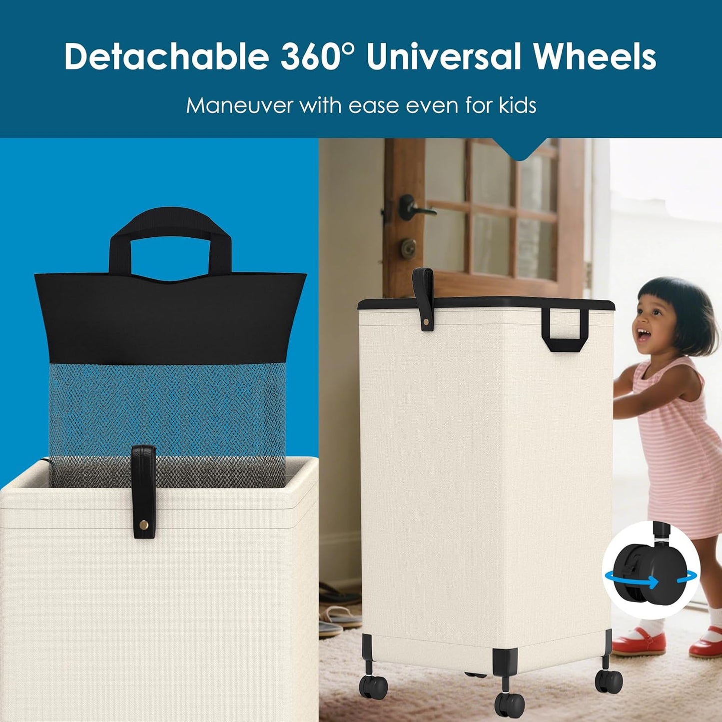 2Pcs Laundry Basket with Wheels 105L, Large Rolling Laundry Hamper with Removable Bag, Metal Frame Collapsible Dirty Clothes Bin, Cloth Organizer Hampers Pull Handle for Bathroom, Dorm, Bedroom White