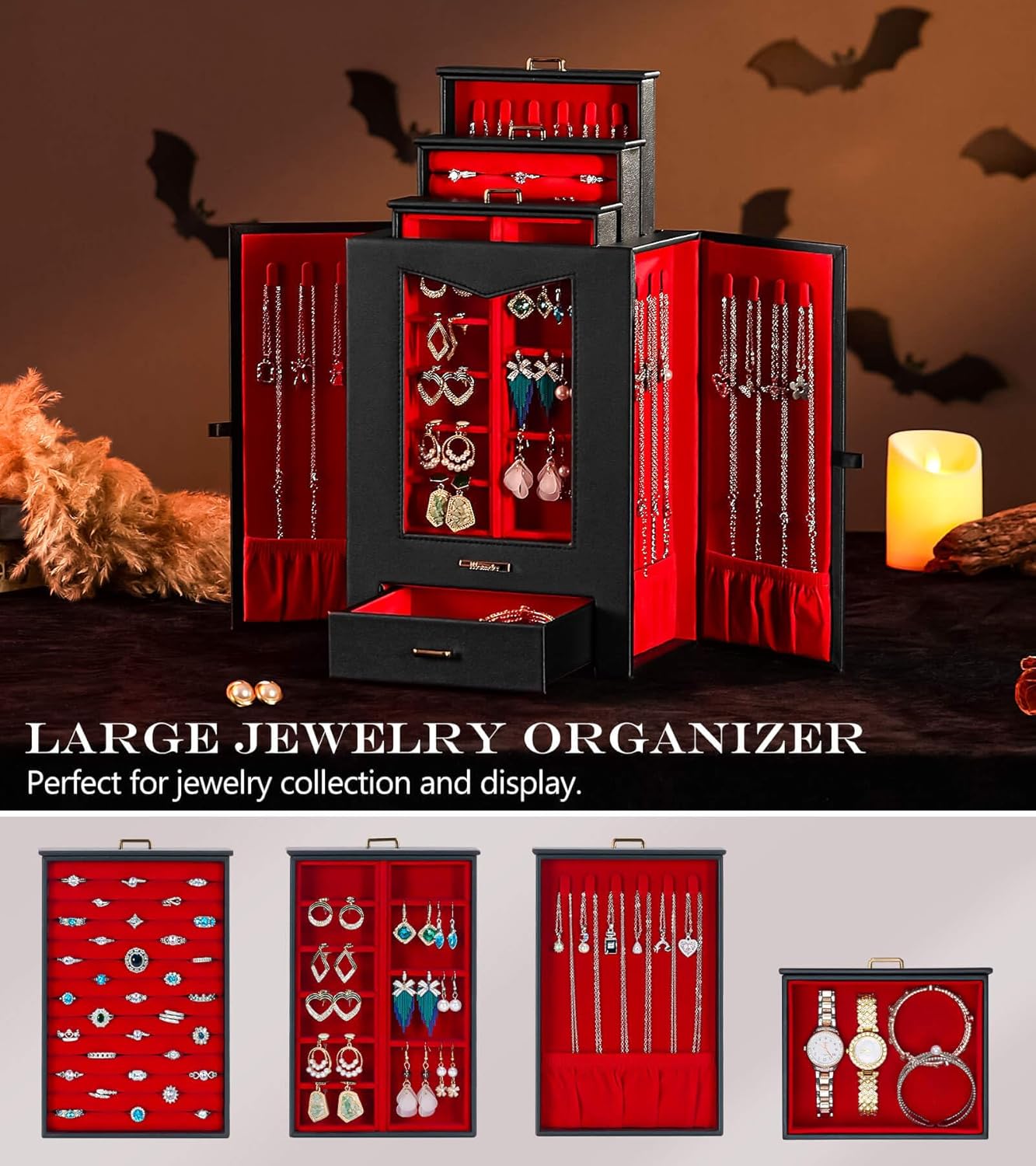 Homde Jewelry Organizer with Transparent Window Necklace Hooks Gift for Women Jewelry Box Display Case for Necklaces Rings Earrings Bracelets and Other Jewelry Accessories (Black + Red +Gold)