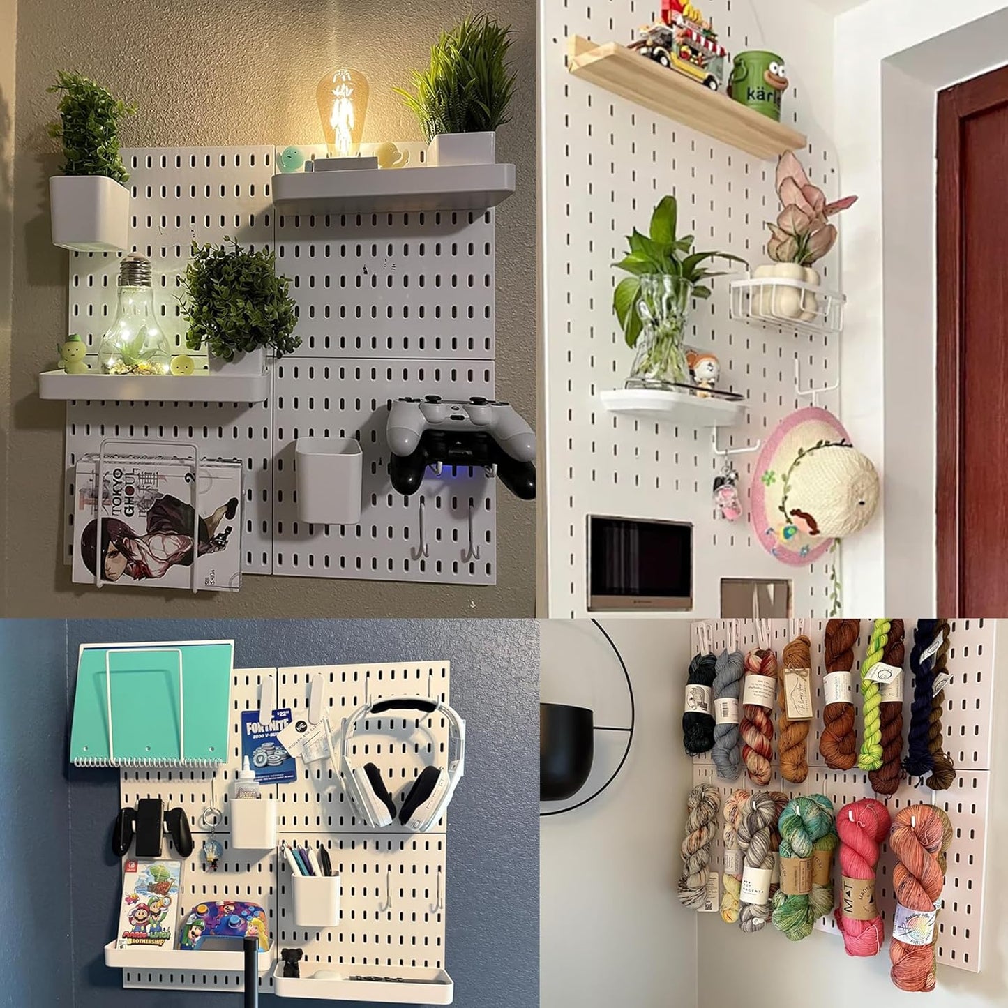 PSLER 4PCS Pegboard Wall Organizer White Peg Boards for Desk, Office & Gaming Setup Space-Saving Peg Board Kit with Hooks for Keys, Storage Box, Partition
