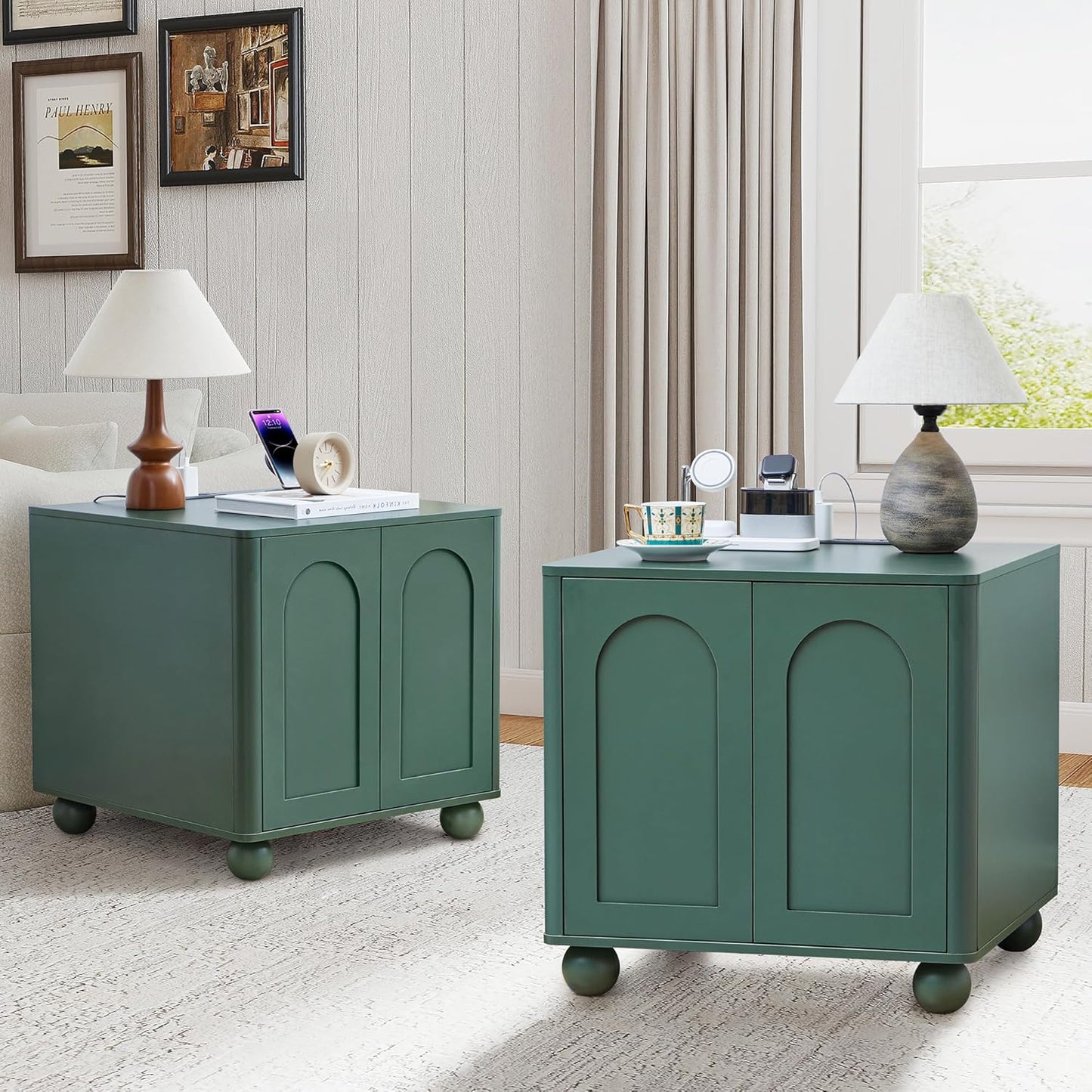 Bed Side Table Set of 2 with Charging Station, Mid Century Modern Nightstand with 2 Doors, Square End Table with Storage for Couch,Living Room, Sofa Side Table for Office,Dorm - Green