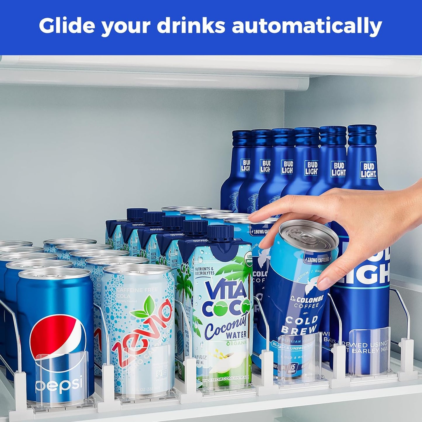 Puricon Fridge Drink Organizer - Spring Loaded, Self Pushing Soda Can & Beer Bottle Organizer - 5 Rows, White
