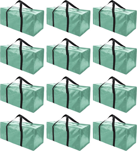 12 Pack Extra Large Moving Bags with Zippers & Carrying Handles, Heavy-Duty Storage Tote for Space Saving Moving Storage, Fold Flat, Alternative to Box and Bin,Teal
