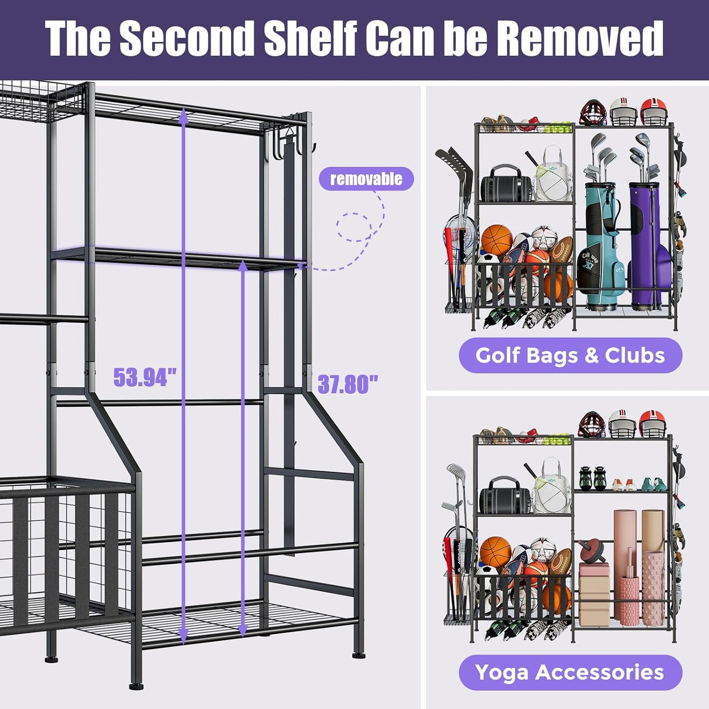 Sports Equipment Organizer, Heavy Duty Golf Bags Stand, Extra Large Ball Storage Rack for Garage