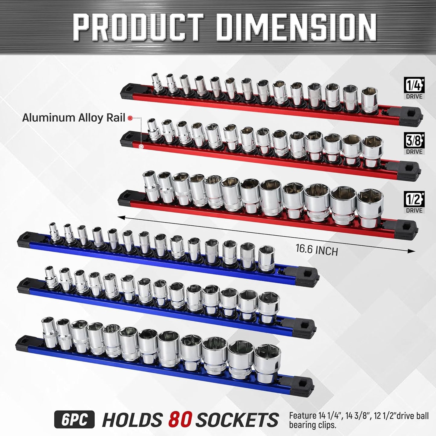ALOANES 6-Piece Magnetic Socket Organizer, Heavy Duty Aluminum Socket Rails Organizer, 360° Swivel Clips Socket Holder Kit for Tool Box, 1/2, 3/8, 1/4-Inch Socket Holder x 80 Clips (Red&Blue)