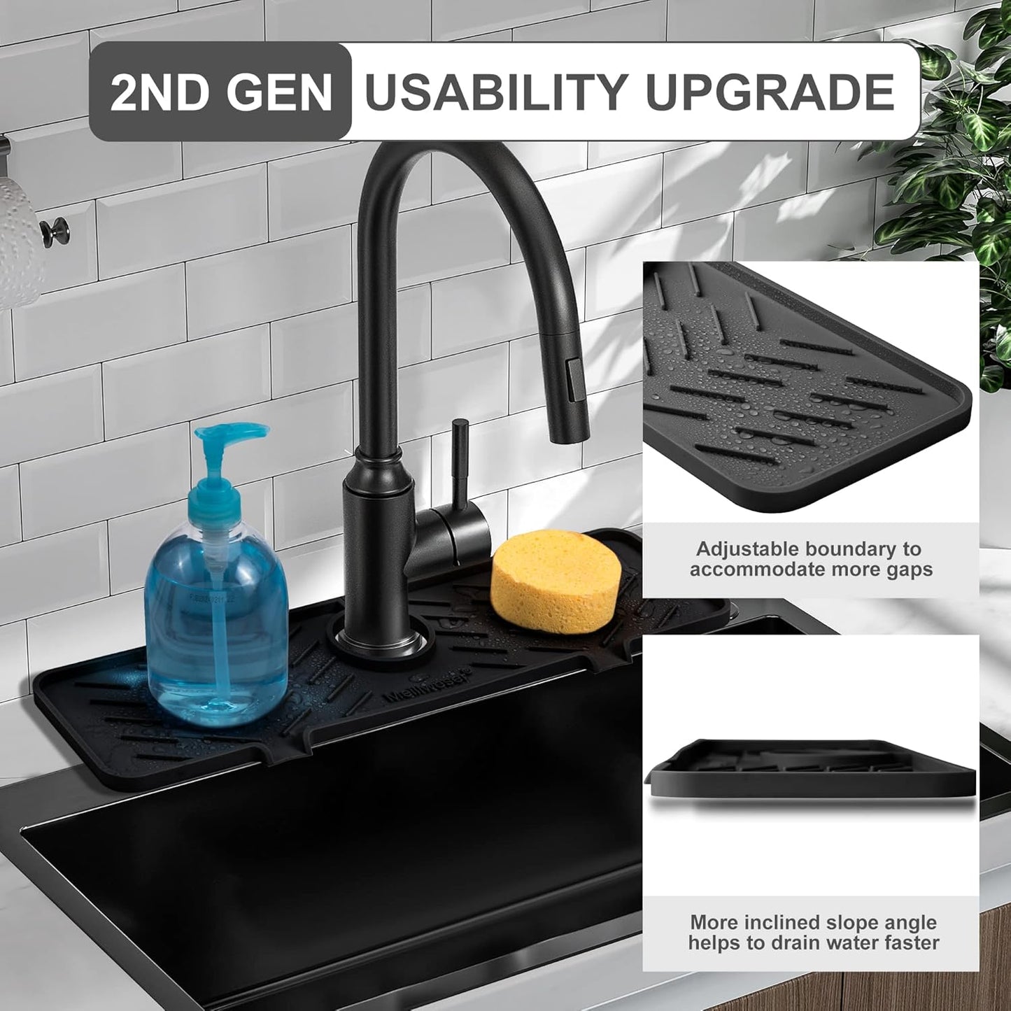 Meiliweser Silicone Faucet Mat for Kitchen Sink – Gen 2 Splash Guard with Upgraded Outlet & Slope – 18” x 5.1” Water Catcher & Sink Sponge Holder for Kitchen and Bathroom (Black)