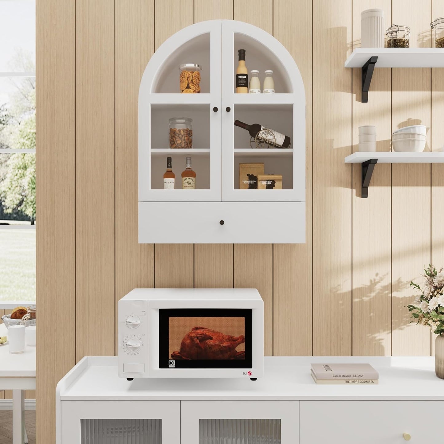 BLANKSPACE Bathroom Curved Wall Cabinet with Drawer, Over The Toilet Organizer for Bathroom White Storage Cabinet with Glass Door and Soft Closing