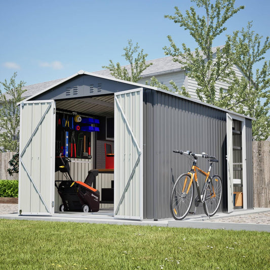 8 x 12 FT Outdoor Storage Shed with Floor, Metal Garden Shed with 2 Windows and Lockable Door for Garden, Tool Sheds for Backyard