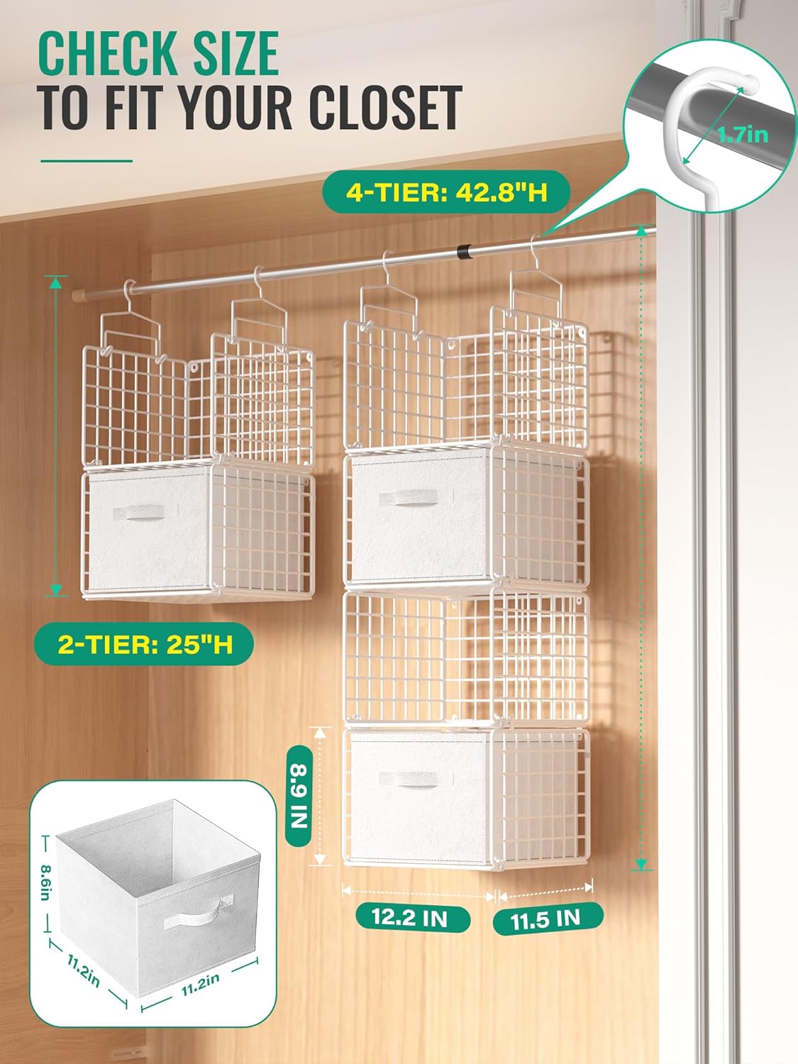 Hanging Closet Organizer with Drawers, 4 Tier Metal Closet Organizers and Storage with 4 Hanging Hooks 4 S-Hooks for Wardrobe Laundry Room, Wire Storage Shelf for Clothes Sweaters Pants (White)
