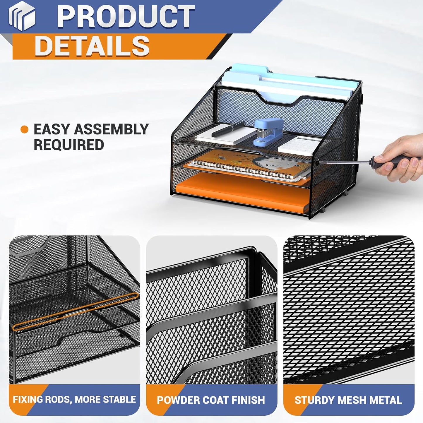 Letter Tray Organizer, Mesh Desk File Organizer with 3 Paper Trays and 2 Vertical Upright Section (Silver)