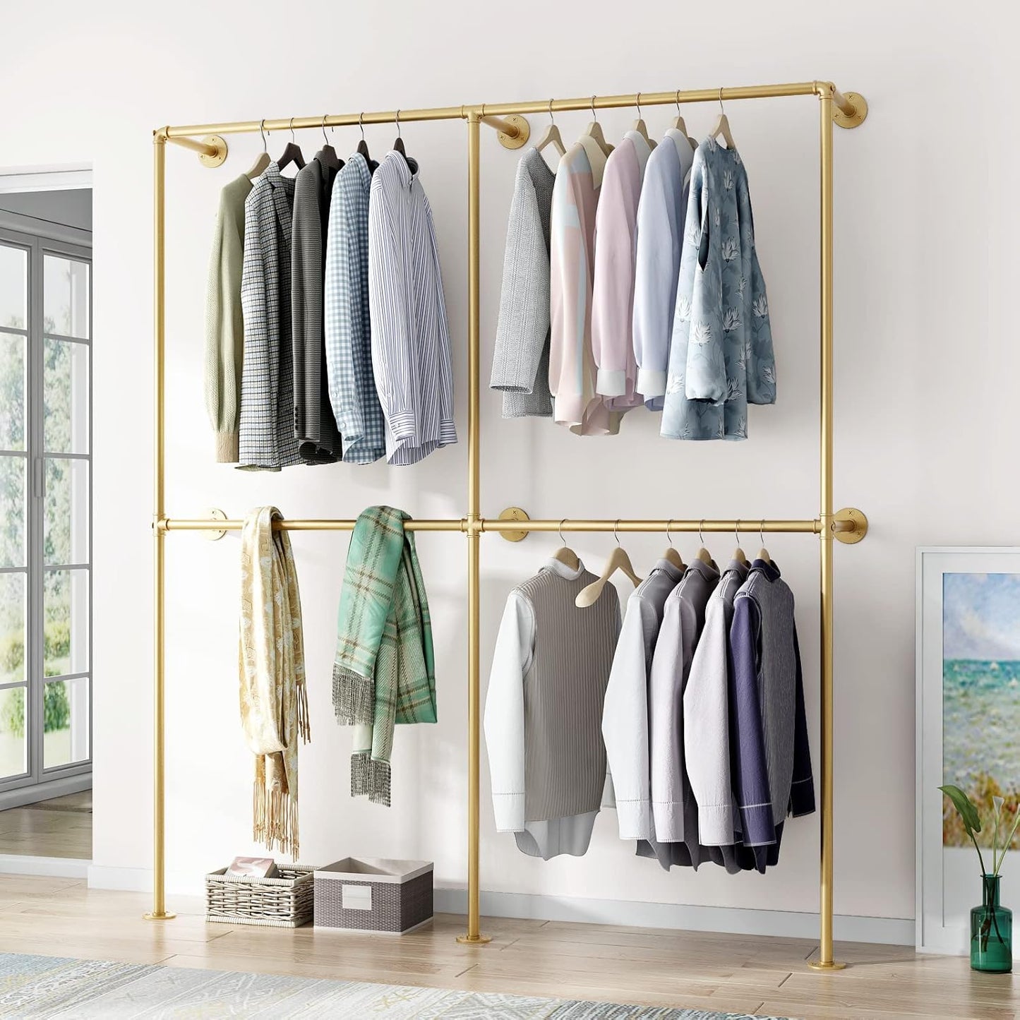 Gold Pipe Clothing Racks Wall Mount Gold Clothes Rack, Heavy Duty Industrial Pipe Clothes Racks Retail Display Hanging Rod for Closet Storage, Laundry Room