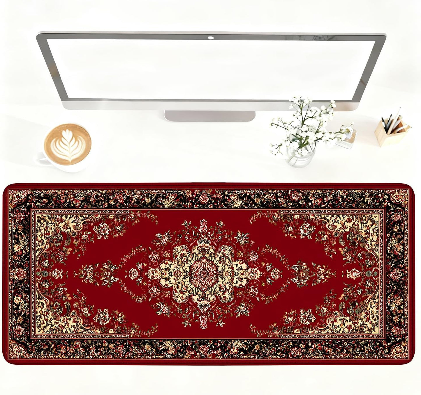 Red Vintage Persian Rug Mouse Pad – Large Extended Desk Mat 35.43 x 15.75 in – Oriental Carpet Design, Non-Slip Rubber Base, Waterproof Surface, Keyboard & Mouse Pad for Office, Gaming, Home