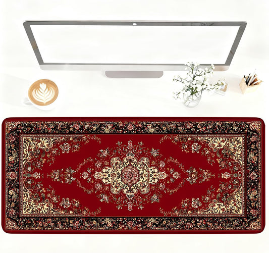 Red Vintage Persian Rug Mouse Pad – Large Extended Desk Mat 35.43 x 15.75 in – Oriental Carpet Design, Non-Slip Rubber Base, Waterproof Surface, Keyboard & Mouse Pad for Office, Gaming, Home