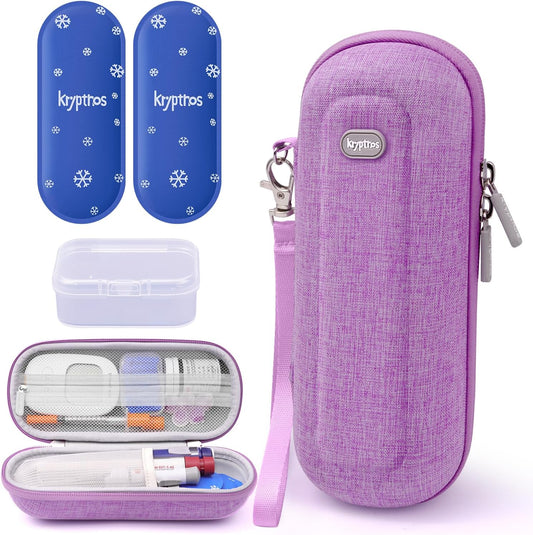 Krypthos Insulin Cooler Travel Case, Diabetes Travel Bag with 2 TSA Approved Ice Packs, Portable Medication Organizer for Diabetic Insulin Pens, Vials & Syringes for Travel & Daily Use (Violet)