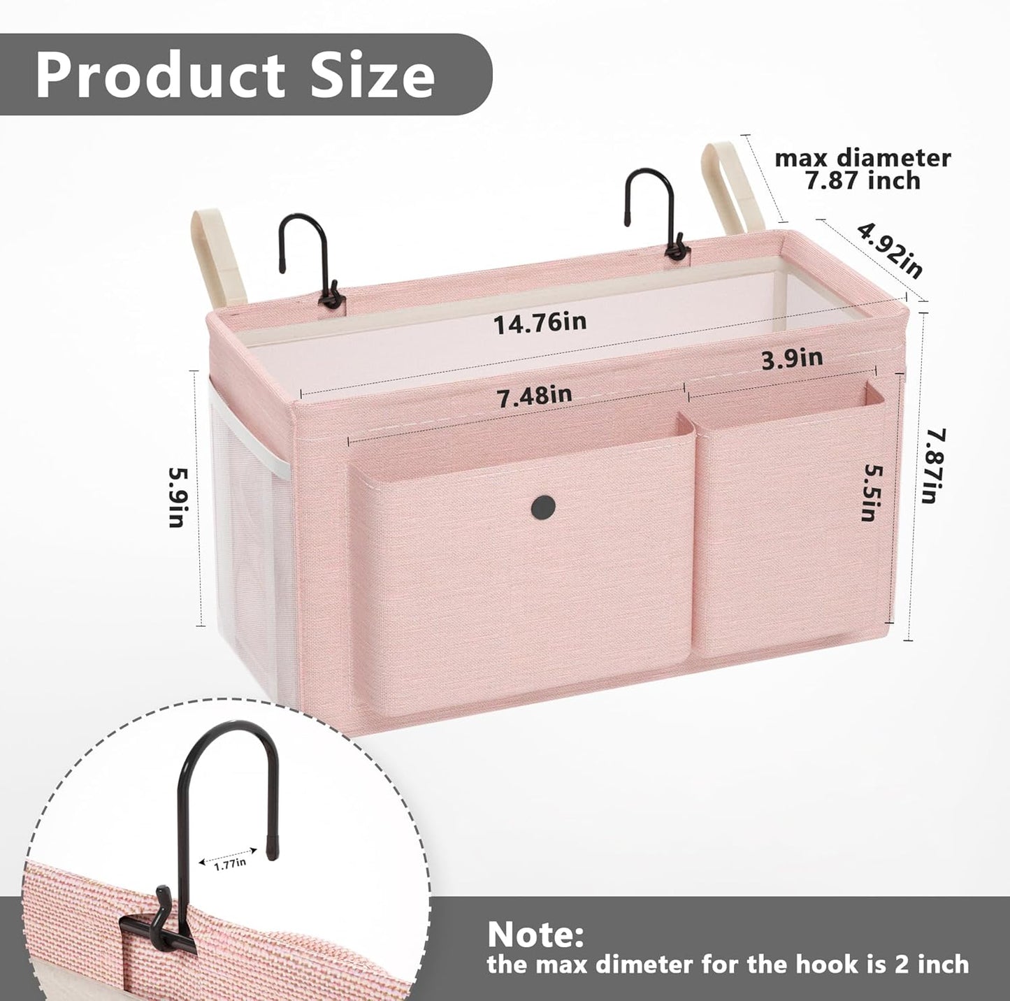 Bedside Caddy Bedside Organizer with Fixed Straps & Water Bottle Holder, Bunk Bed Caddy ideal for Home, Dorm, Hospital, Crib, Versatile Bedside Storage Solution (Pink 2pcs)