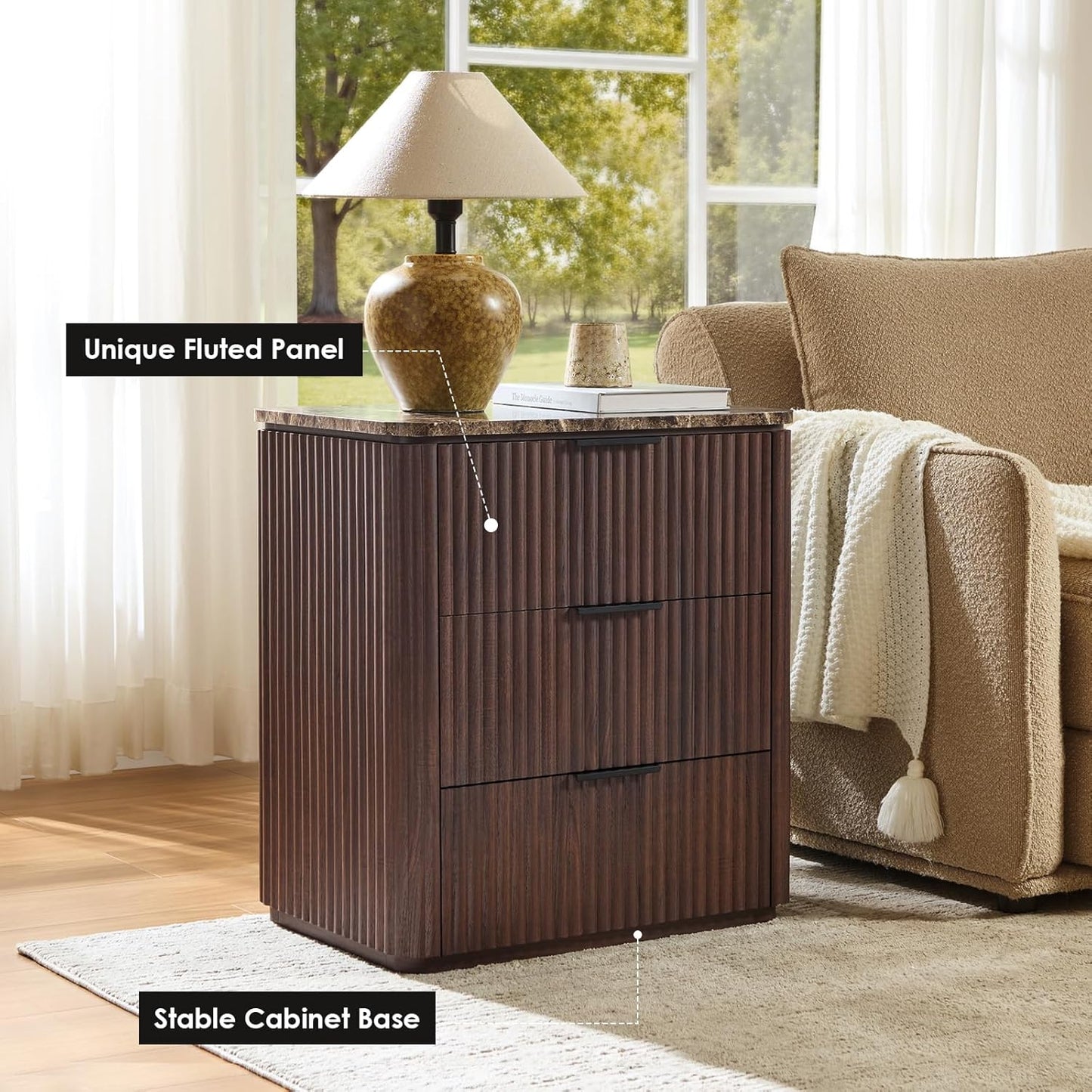 Fluted Nightstand Set of 2, Engineered Wood Bedside Table with 3 Drawers, Modern End Table with Faux Marble-Top, Curved Corners, Metal Handle, Large Night Stand for Bedroom, Office, Closet, Dark Oak