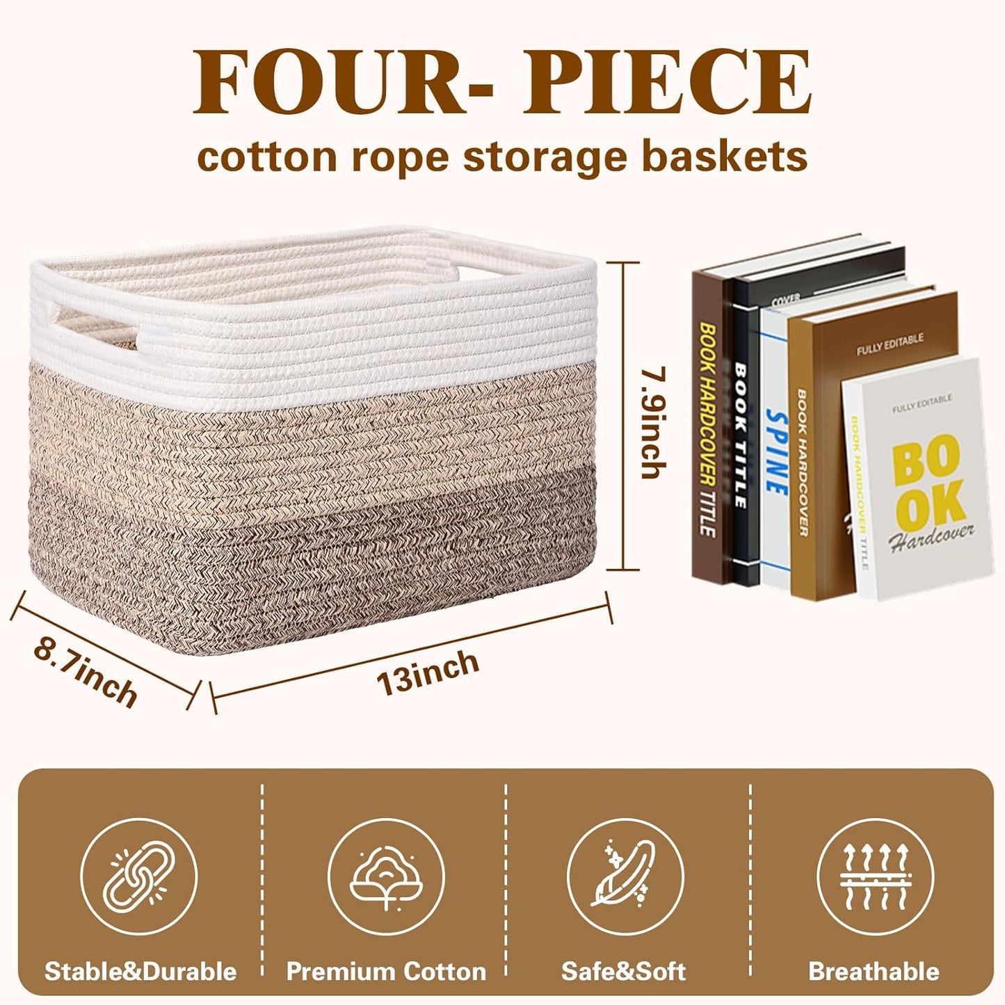 Storage Baskets for Organizing, 4 Pack Storage Baskets for Shelves, Woven Basket for Shelves, Closet Organization, Rectangle Organizer Basket Gifts Empty, 13"Lx8.7"Wx7.9"H Decorative Bins with Handles