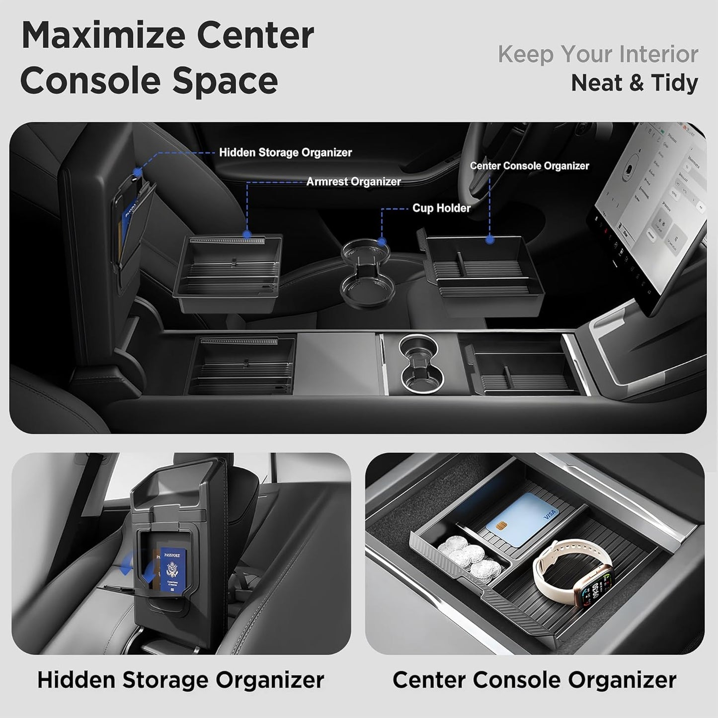 Center Console Organizer Tray for Tesla Model Y Juniper Accessories 2025 2026/For Tesla Model 3 Highland Accessories 2024 2025 2026 [Slide Smoothly/US Patent] Cup Holder Matte Black