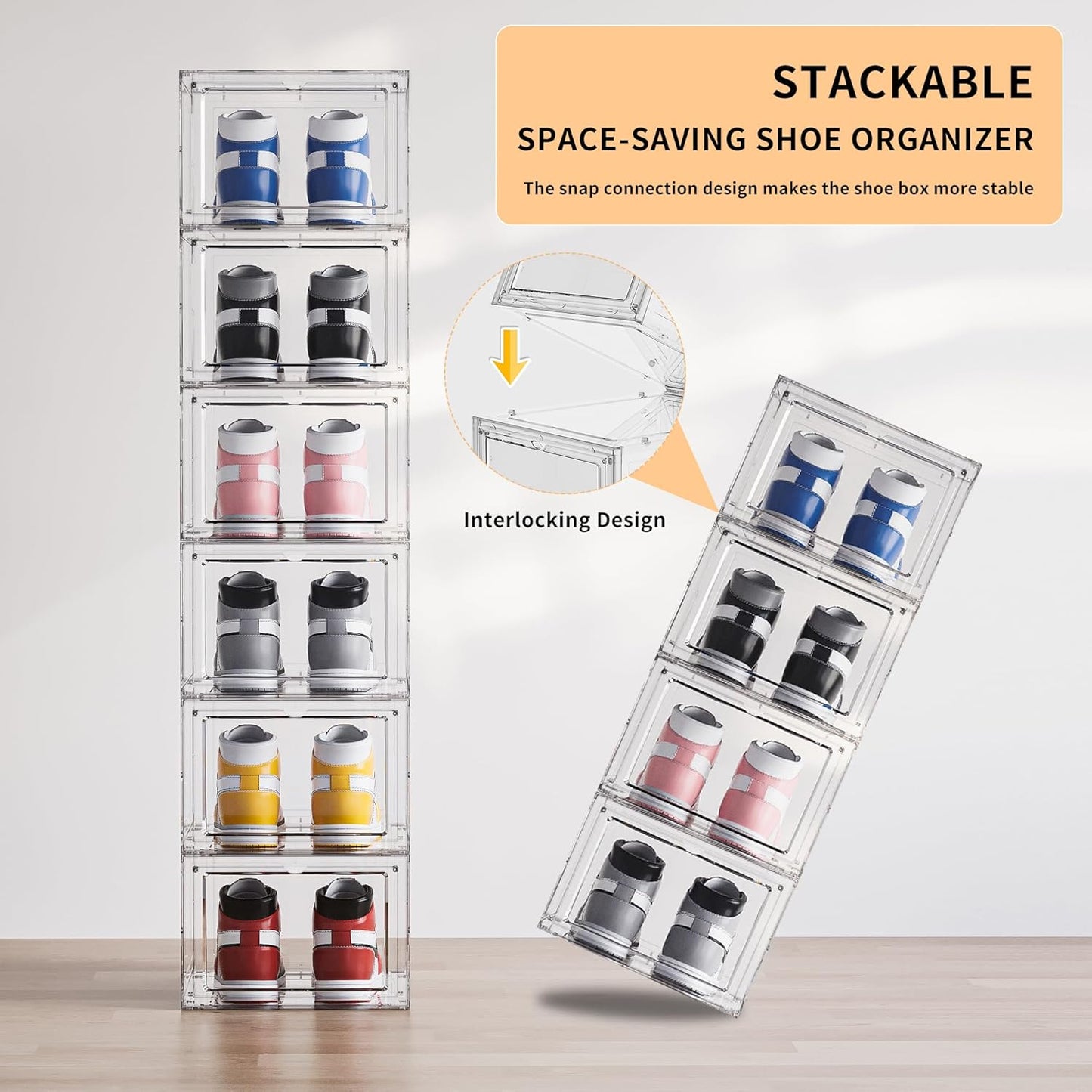Shoe Storage Boxes Organizers Clear Acrylic Stackable 6 Pack, Shoe Rack & Holder Substitute, Sneaker Containers, Toy Storage Organizer Bins for Entryway, Closet, Under Bed (Black, L)