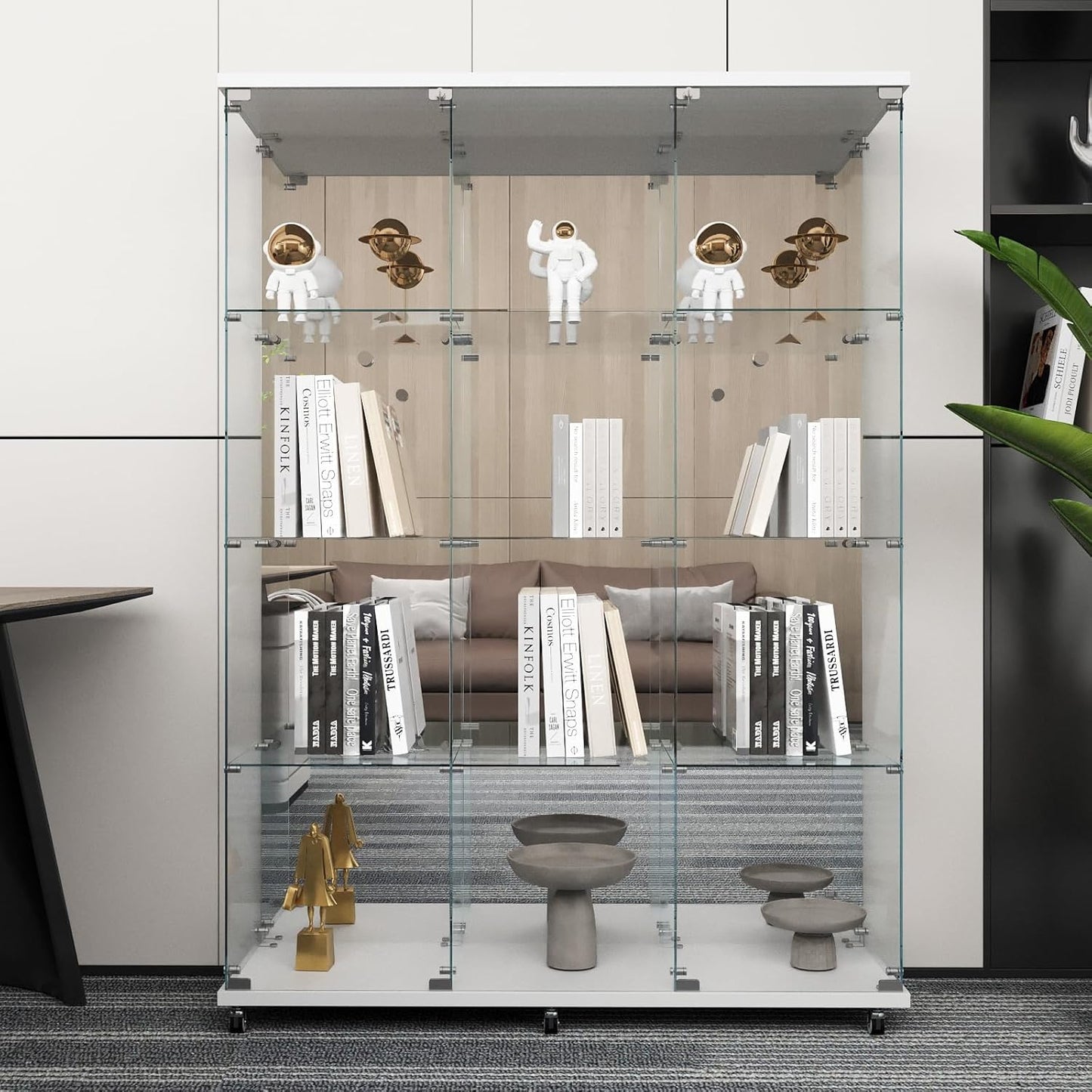 Beauty4U Glass Display Cabinet with Mirror Back Panel, 12 Shelves with 3 Columns, 2 Doors Curio Cabinets for Living Room, Bedroom, Office, White Floor Standing Glass Bookshelf, Quick Installation