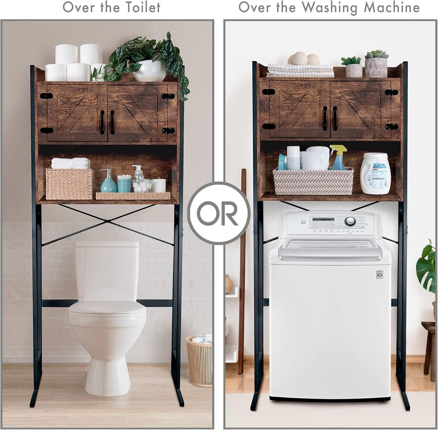 Over The Washer or Over The Toilet Storage Cabinet w/Height Adjustable Shelf Laundry Room/Bathroom Organizer Rack, 2-Door Freestanding Rack Space Saver, Wood