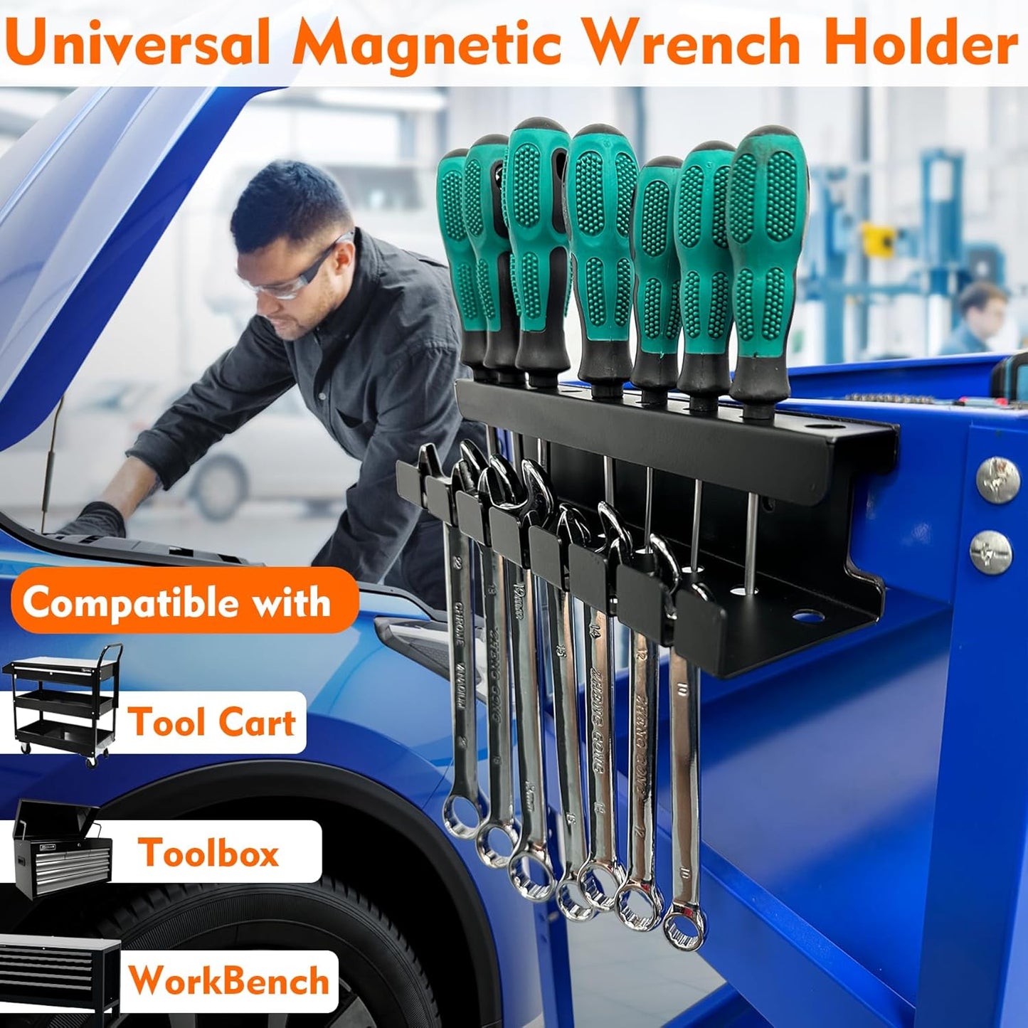 MUTUACTOR Magnetic Wrench Holder Heavy Duty,Anti-scratch Magnetic Mount Screwdriver Rack, 2 Layers Wrench Screwdriver Holder for Work Bench Toolbox Tool Cart,1PCS,Black,9 Holes and 7 Slots