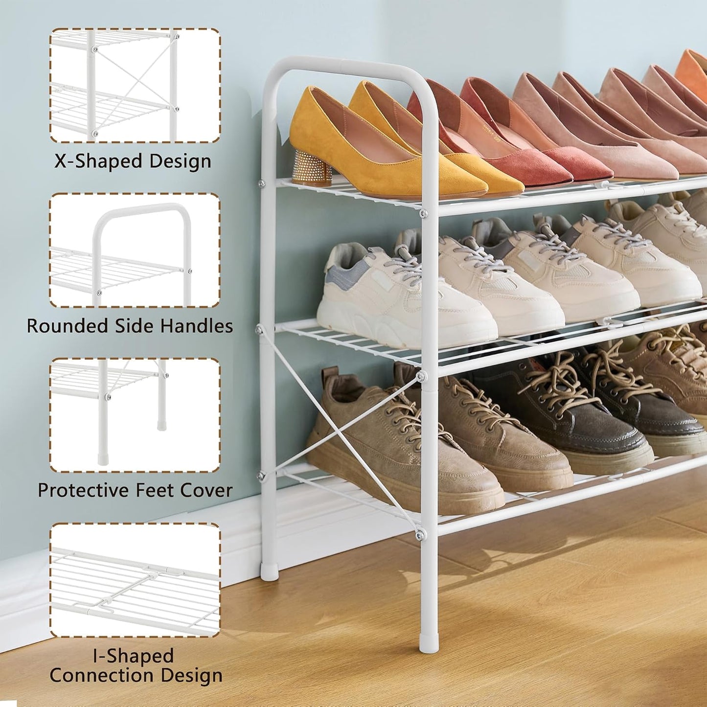 Hoctieon 3 Tier Durable Mesh Style Shoe Rack, Entryway Shoe Shelf, Shoe Rack FreeStanding, Shoe Storage Organizer, Shoe Rack for Closet, Space Save For bathroom, Hallway, Bedroom, Living Room, White