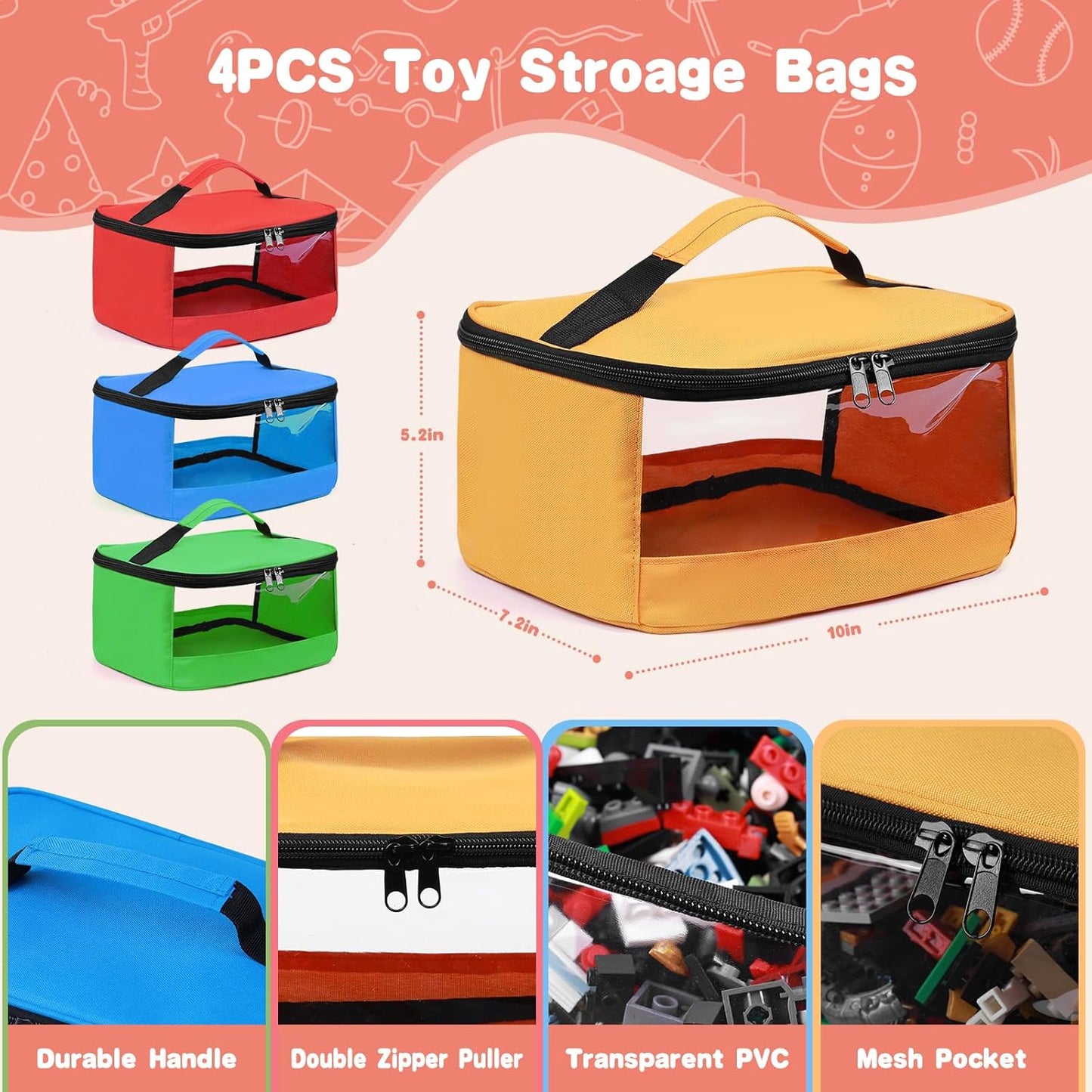 4 PCS Toy Storage Bags, Transparent PVC Toy Organizer Bag with Manual Pocket for Classic Building Bricks, Puzzles, Toy Cars, Large Size, Multicolor