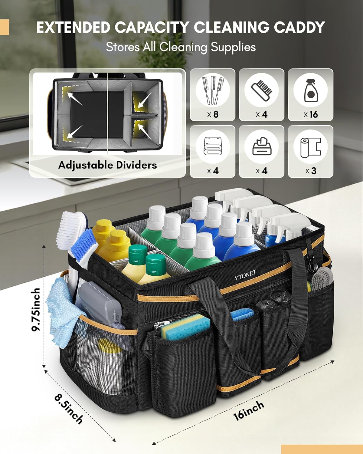 Ytonet Cleaning Caddy Bag with Detachable Apron, Extra Large Cleaning Supplies Organizer with Foldable Dividers, Portable Cleaner Tote with Handle, Cleaner Caddy for Housekeeper, Black