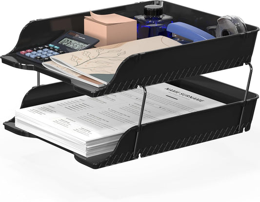 Simple Houseware 2-Tier Stackable Letter Tray Organizer – Desktop File Holder for A4/Letter Size Paper, Document Sorter, Office Desk Paper Organizer, Black