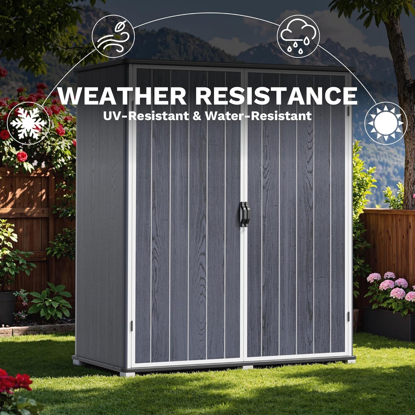 Devoko 5 x 3 Resin Outdoor Storage Shed with Floor - Waterproof Plastic Outdoor Tool Cabinet with Lockable Doors for Patio Furniture, Pool Accessories, Garden Tools (Deep Gray)