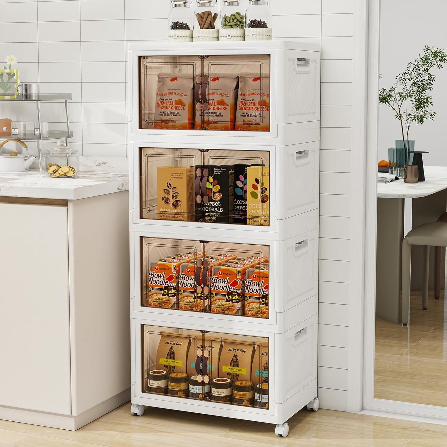 Storage Bins with Lids and Wheels, Collapsible Bathroom Storage Cabinet with Clear Doors, Plastic Stackable Closet Organizers and Storage Containers White 398 QT