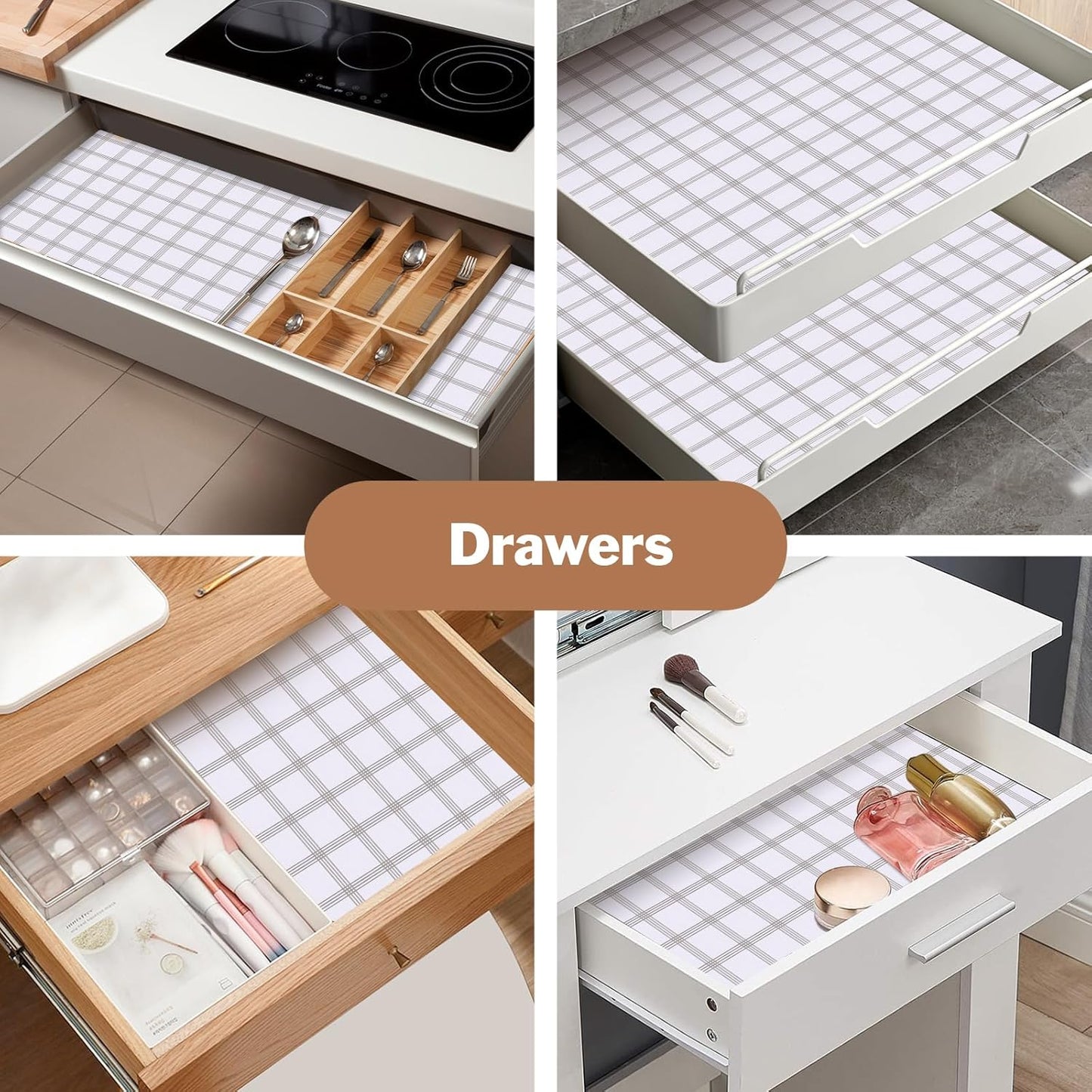 Drawer and Shelf Liner for Kitchen Cabinet: 23.6 in X 30 Ft Non Slip Waterproof Shelf Paper Non Adhesive Refrigerator Liners White Square Easy Liners for Bathroom Cupboard with Knife Tape Measure