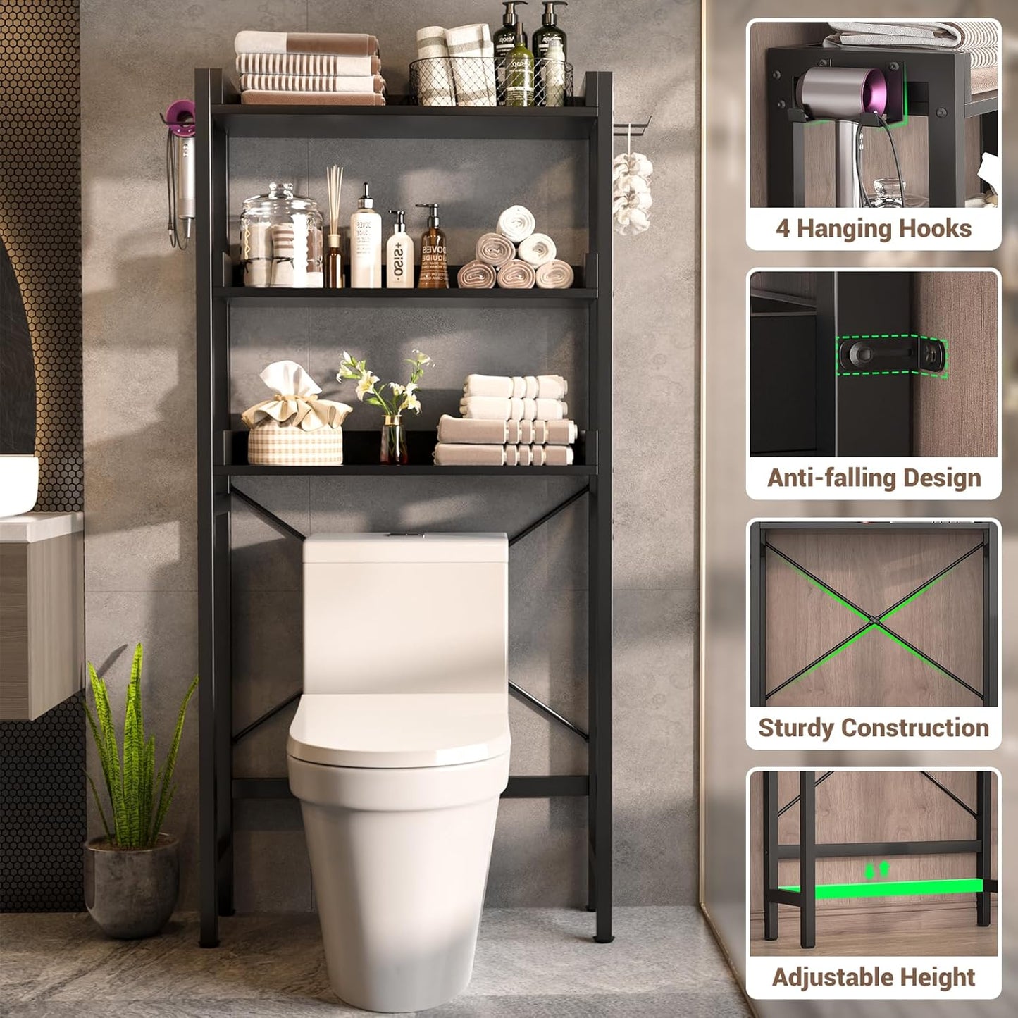 Over The Toilet Storage Rack - 3 Tier Bathroom Organizer with Shelves, Freestanding Space Saver Storage Rack Above Toilet Stand with 4 Hooks for Restroom, Laundry, Black