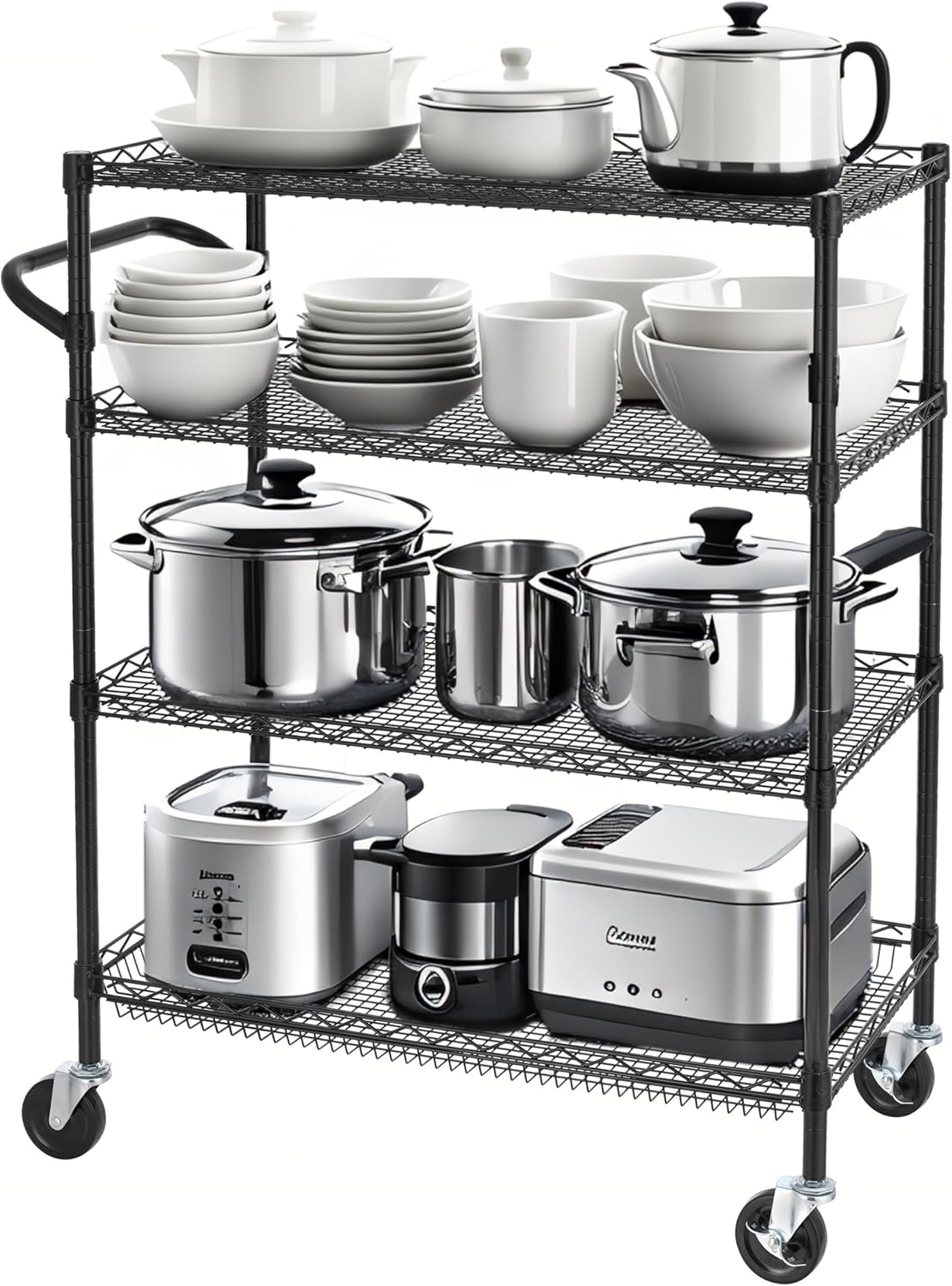 Finnhomy 4 Tier Heavy Duty Commercial Grade Rolling Cart with Handle Bar, Metal Wire Utility Cart with Wheels, Service Trolley on Wheels, Shelf Size 18" D x 36" W, NSF, Black