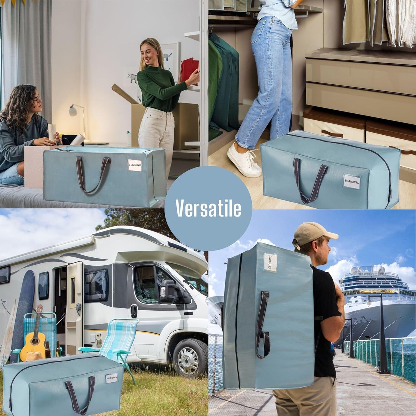 VENO 8 Pack Moving Bags w/Backpack Straps, Heavy Duty, Moving Boxes Alternative, Packing Supplies, Large Storage Totes for Dorm Room Essentials with Zipper for Clothes (Shiny Light Blue, 8 Pack)