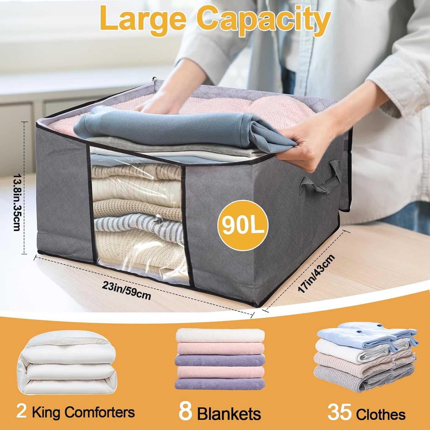 90L Large Blanket Storage Bags, 8 Pack Clothes Storage Bag Comforter Storage Bin with Reinforced Handle and Lid Foldable Closet Organizer and Storage Containers for Bedding Sheets and Duvet