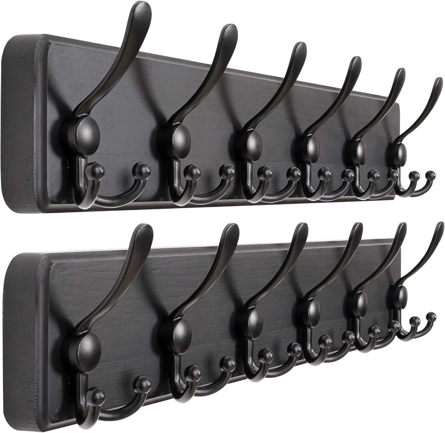 Dseap Coat Rack Wall Mounted - 24" Long 6 Tri Hooks, Heavy Duty Wooden Wall Coat Hanger Coat Hook for Clothes Hat Jacket Clothing, Black, Pack of 2