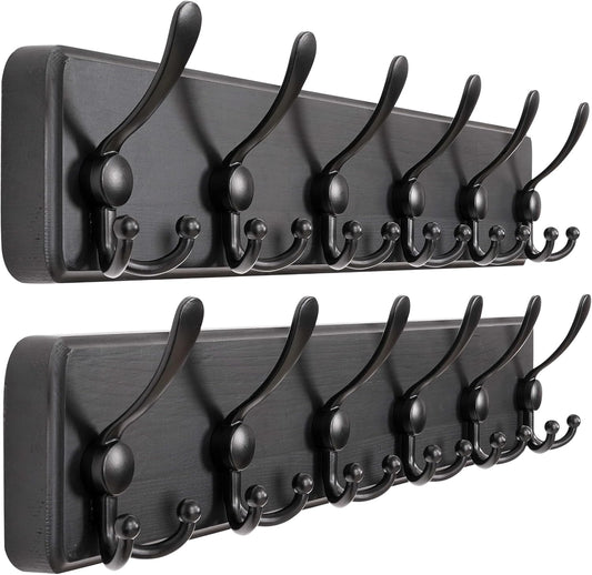 Dseap Coat Rack Wall Mounted - 24" Long 6 Tri Hooks, Heavy Duty Wooden Wall Coat Hanger Coat Hook for Clothes Hat Jacket Clothing, Black, Pack of 2
