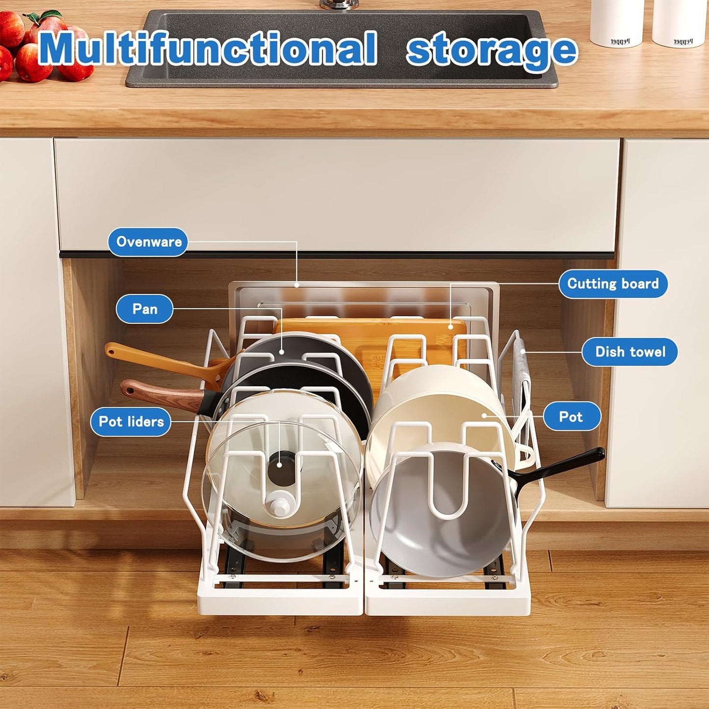 Pots and Pans Organizer Under Cabinet, 21.6" Deep Pull Out Pot Lid Organizer Holder with Guardrail Adhesive Pot and Pan Holder Rack with 10 Adjustable Dividers-1 Pack(White)