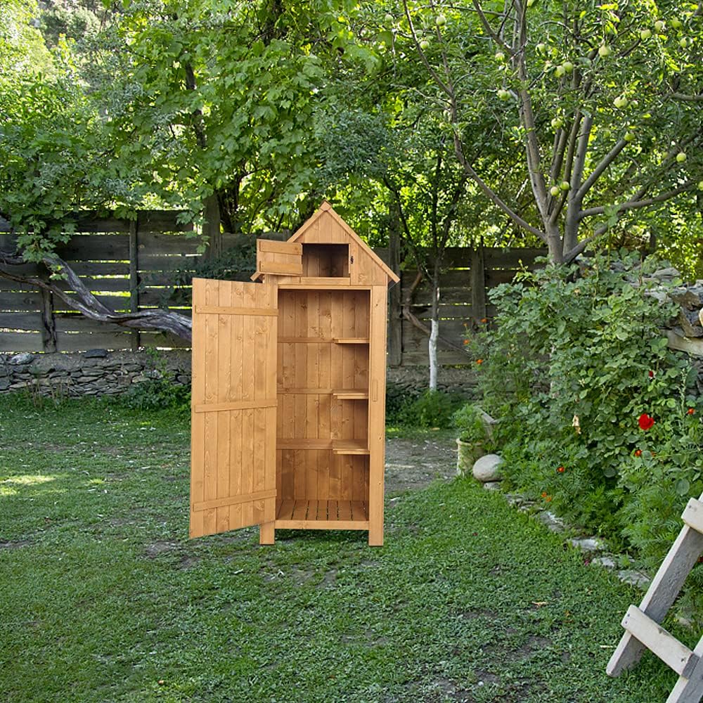 Outvita Outdoor Storage Cabinet, 70in Wooden Vertical Garden Tools Shed, Patio Storage Organizer with Latch & Waterproof Roof for Yard Deck Lawn Farmland Equipment(Natural)