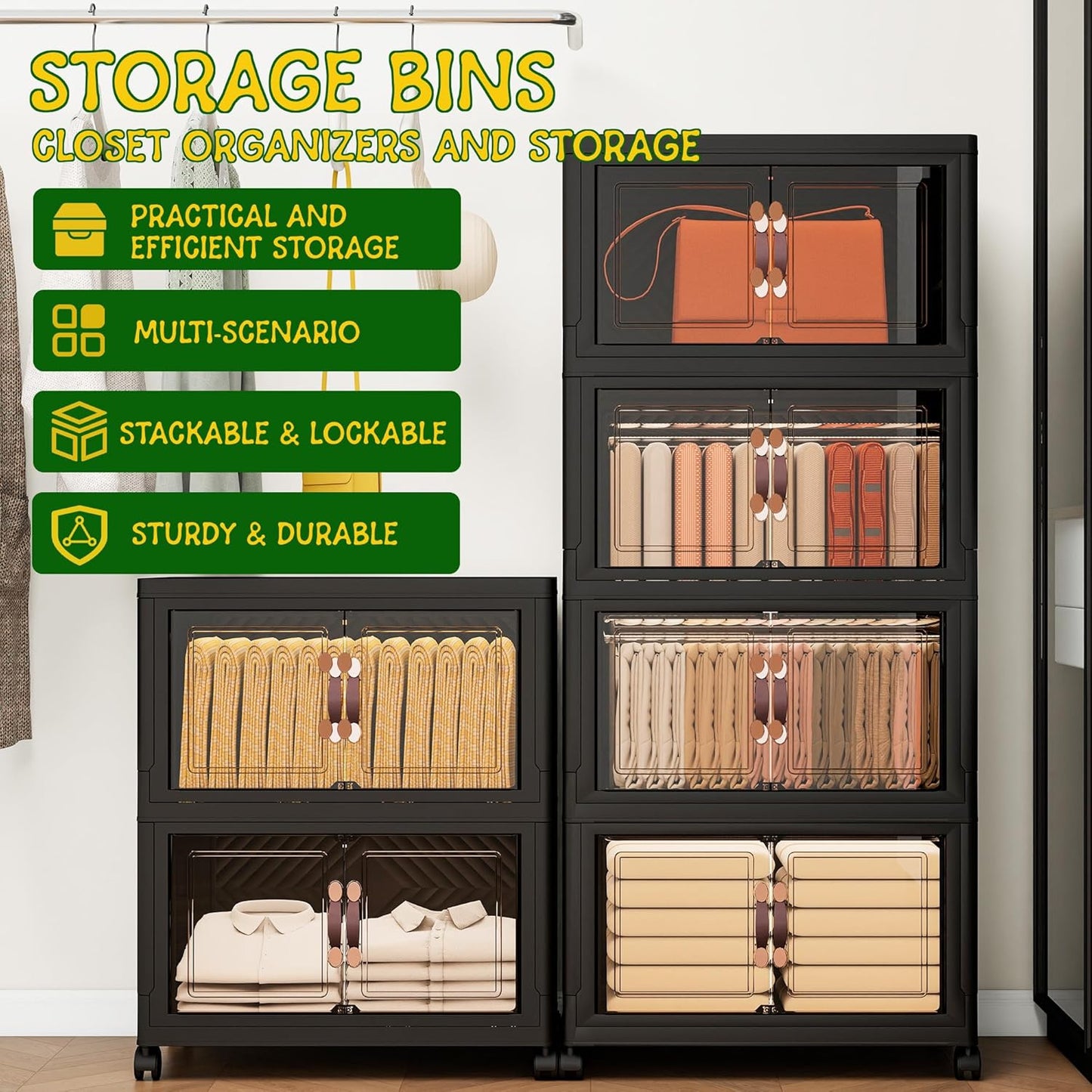 Storage Bins with Lids and Wheels, Collapsible Bathroom Storage Cabinet with Clear Doors, Plastic Stackable Closet Organizers and Storage Containers Black 398 QT