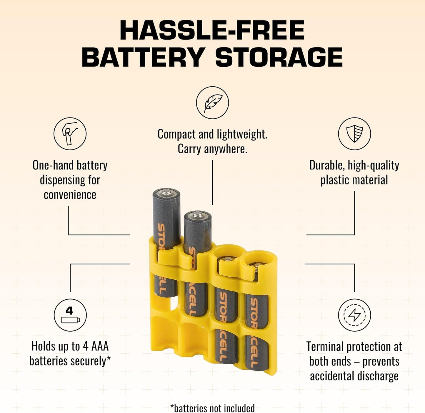 Storacell by Powerpax Slimline AAA Battery Storage Caddy, Yellow, Holds 4 Batteries (Not Included)