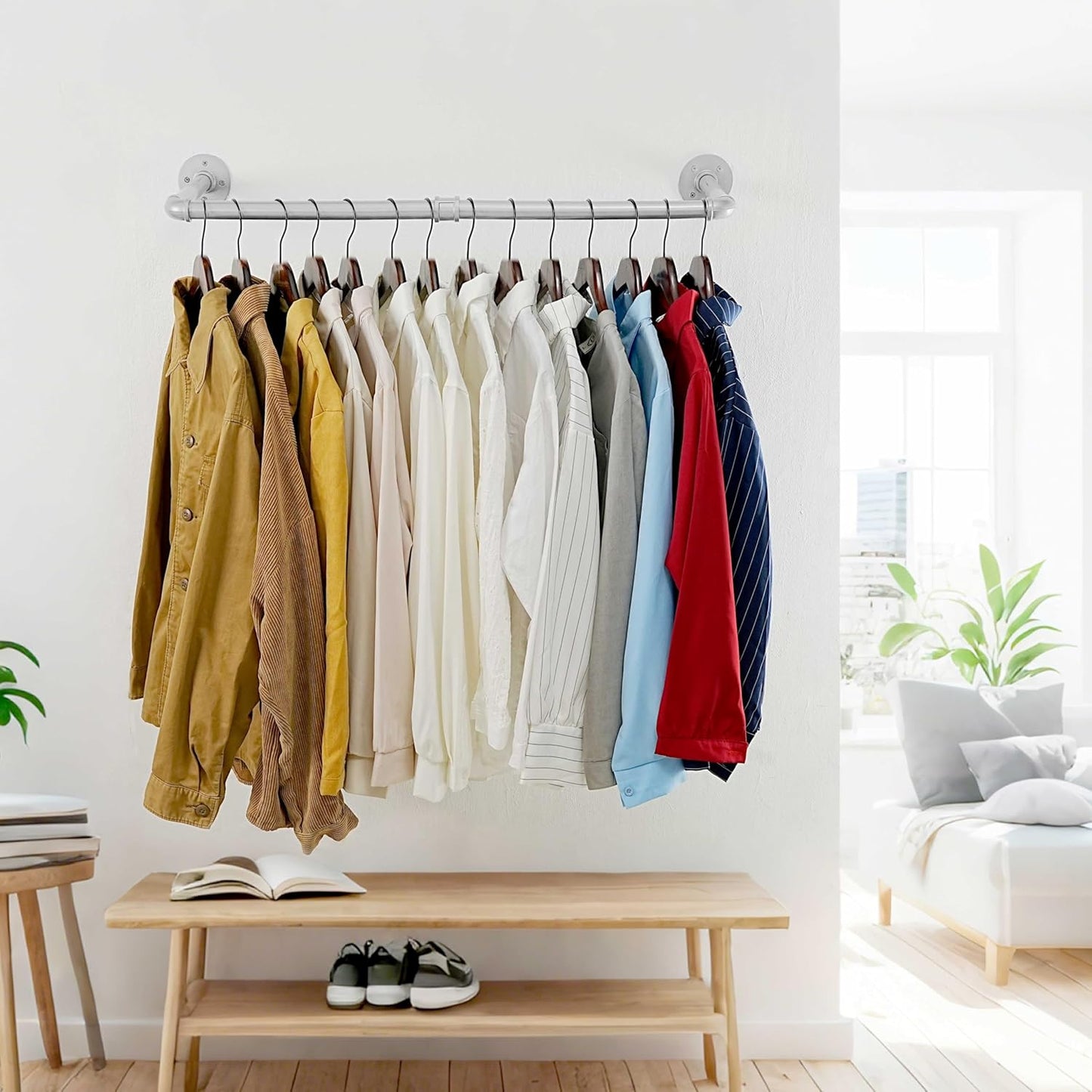 WEBI Industrial Pipe Clothing Rack,32" Wall Mounted Clothes Rack for Hanging Clothes,Heavy Duty Metal Garment Rack Bar Wall Mount Clothing Rod for Closet,Laundry Room,Silver,2 Packs