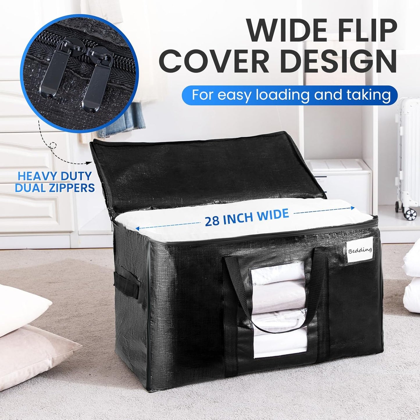 TAILI Extra Large Moving Bags, 12 Pack Black Heavy Duty Totes for Storage with Visible Window, Wrap Around Handles, Storage Bags for Space Saving, Alternative to Moving Boxes