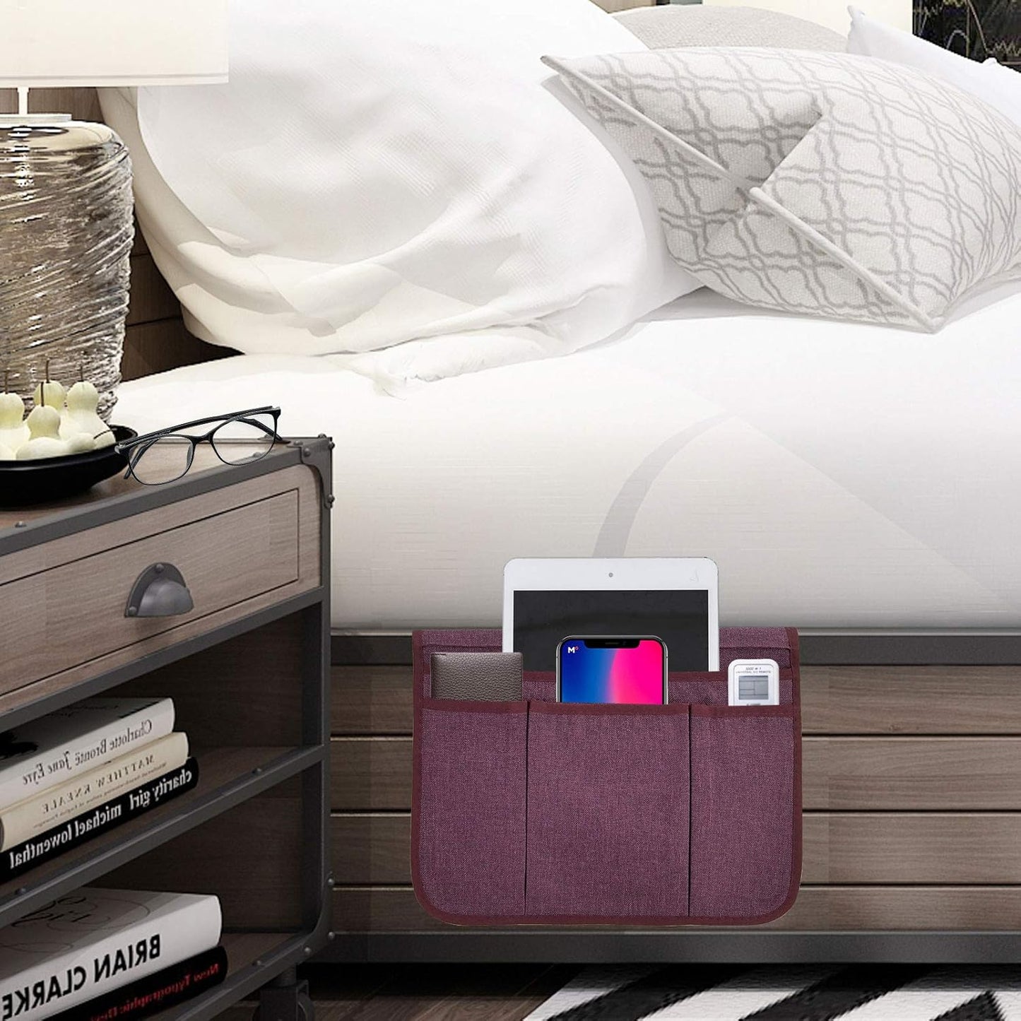 Bedside Caddy Bedside Storage Organizer Magazine Phone Tablet iPad Remote Holder, Organizer Caddy for Home College Dorm Bed, Sofa, Bunk Bed (Purple)